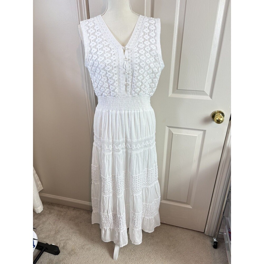 White Cotton Crochet Dress Cottagecore Beach 100% Cotton Dress Maxi XL 496 - Picture 4 of 9